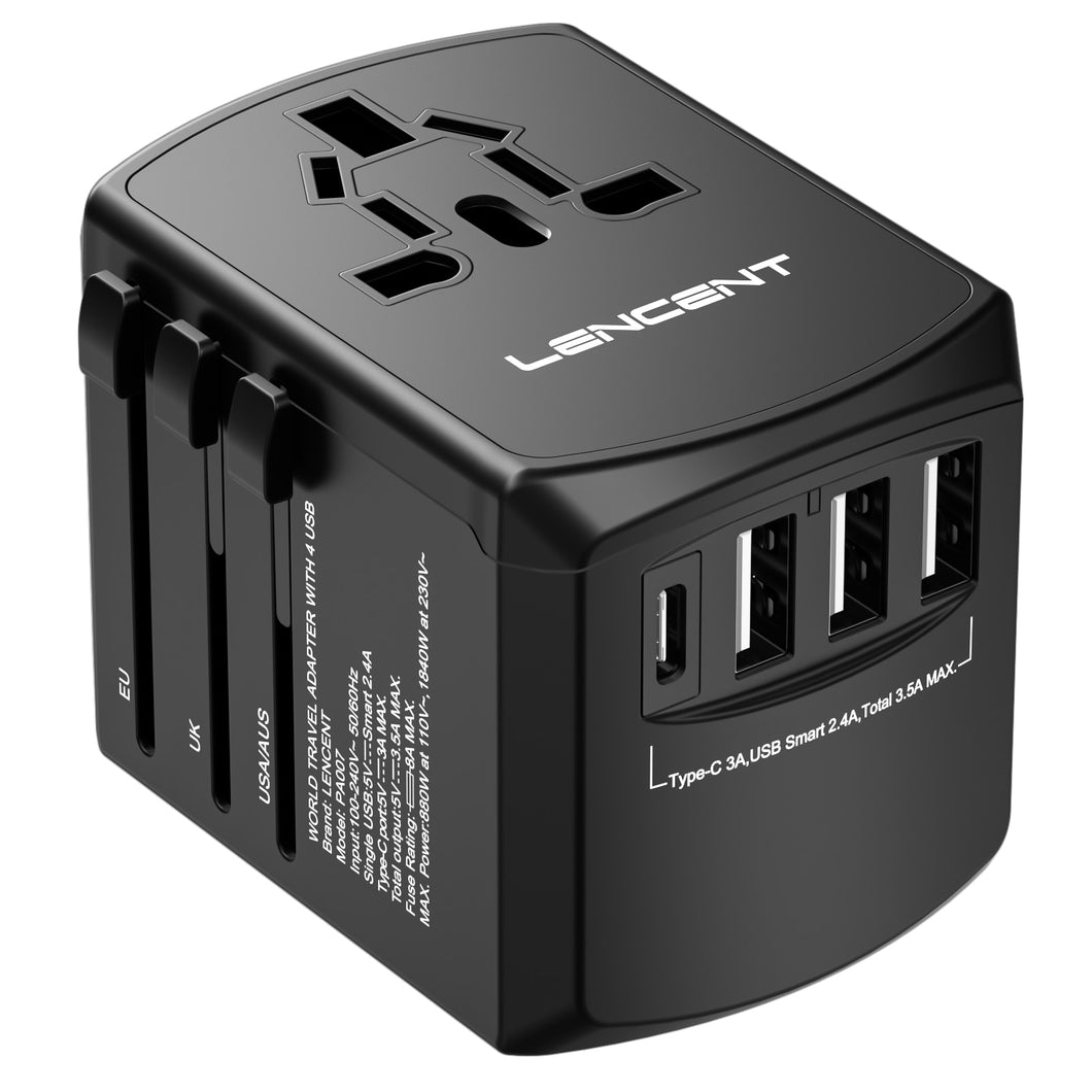 Universal Reise-Adapter All-in-one mit 4 USB Anschlüssen und Lademöglichkeiten für die USA, EU, UK und AUS